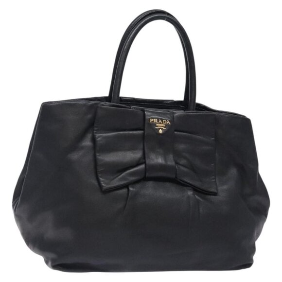 PRADA Ribbon Hand Bag Leather Black Gold Auth - Picture 1 of 16